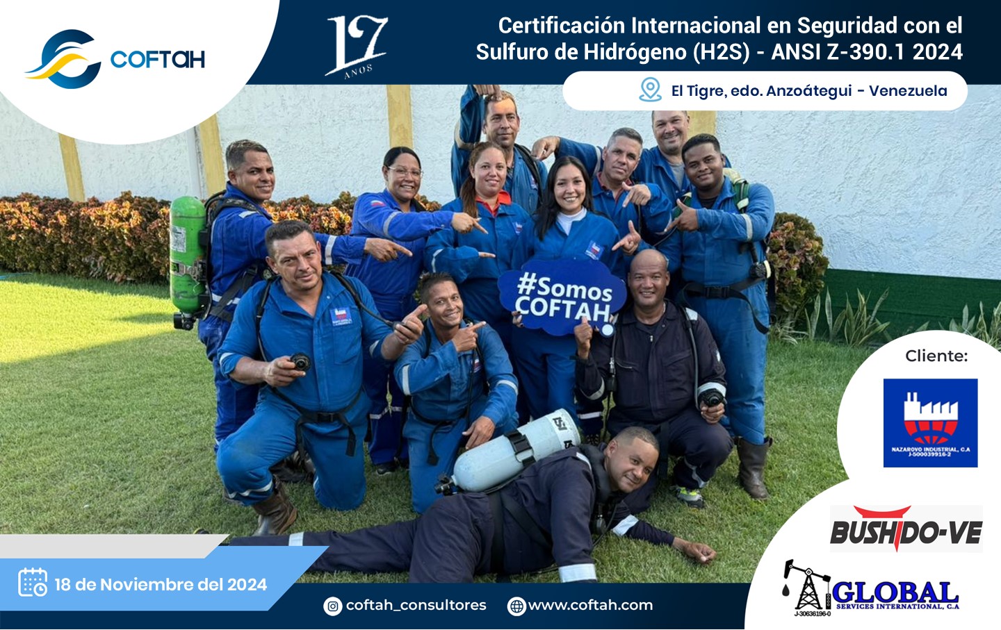 Lee más sobre el artículo Certificación Internacional con el Sulfuro de Hidrógeno H2S – ANSI Z390.1 2024 en NAZARONO – BUSHIDO y GLOBAL SERVICES